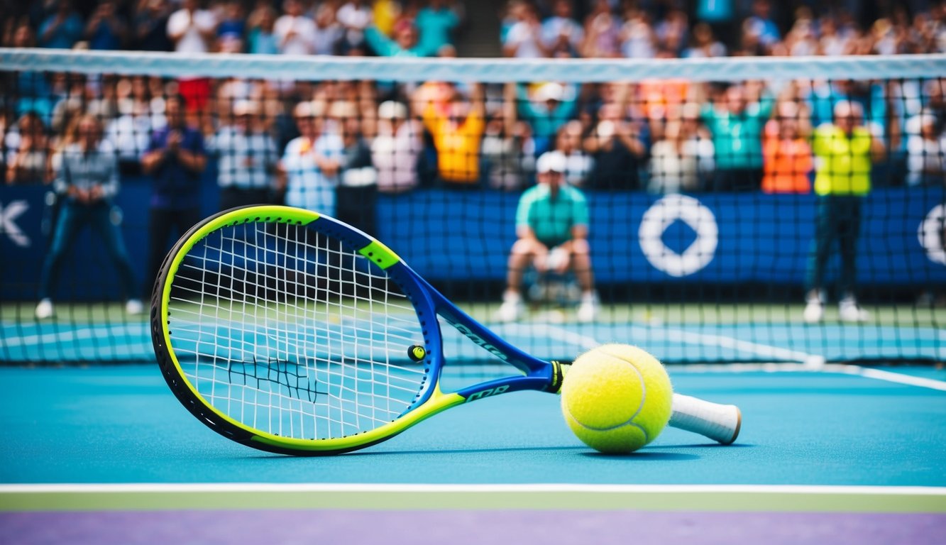 Sebuah raket tenis dan bola di lapangan yang berwarna-warni dengan jaring, dikelilingi oleh penonton yang bersorak