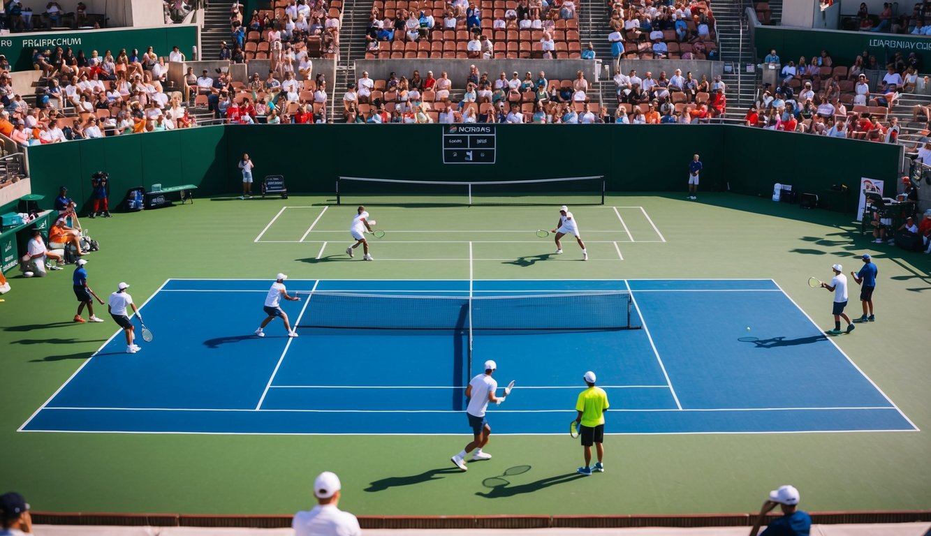 Sebuah lapangan tenis dengan pemain yang sedang beraksi, penonton, dan papan skor