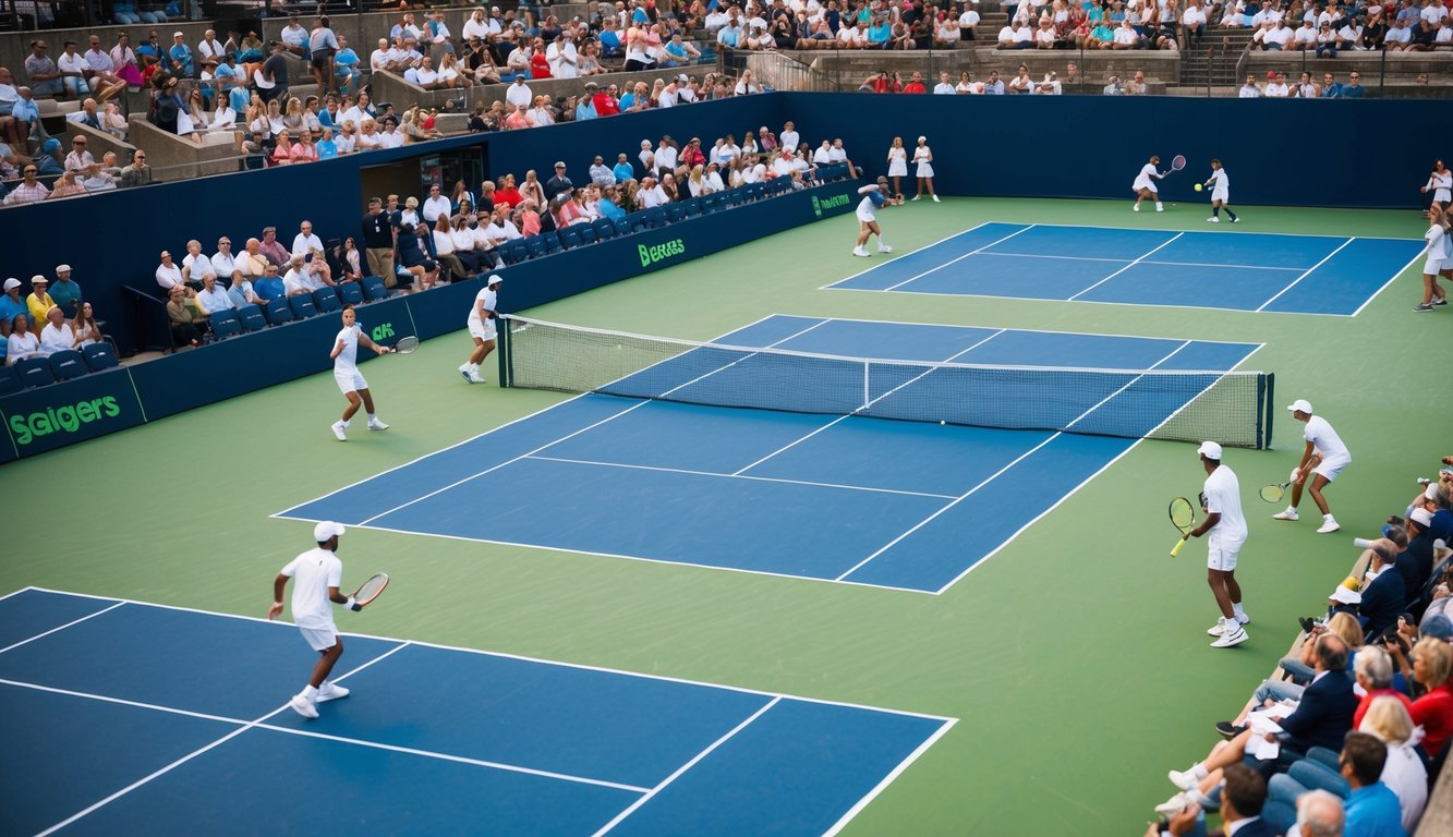 Sebuah lapangan tenis dengan jaring, dikelilingi oleh penonton dan pemain yang sedang beraksi