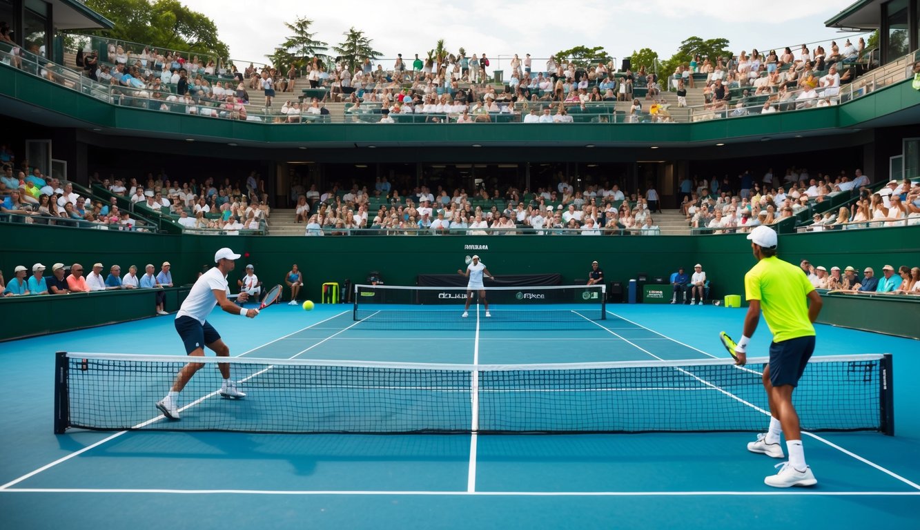 Sebuah pertandingan tenis yang sedang berlangsung dengan pemain di sisi berlawanan lapangan, bola di udara, dan penonton menyaksikan dari tribun.