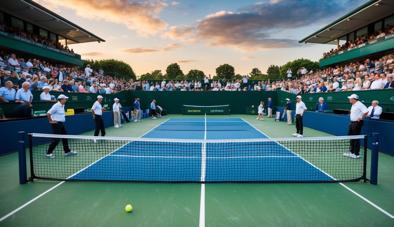 Sebuah lapangan tenis dengan jaring, raket, dan bola, dikelilingi oleh penonton dan bandar yang memasang taruhan