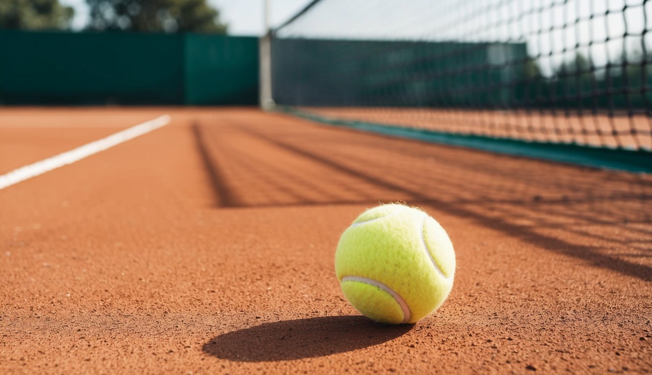 Sebuah bola tenis yang memantul di lapangan tanah liat dengan jaring di latar belakang