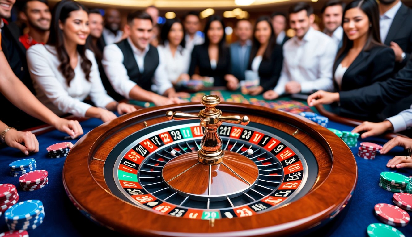 Roda roulette yang berputar dikelilingi oleh chip taruhan berwarna-warni dan kerumunan pemain yang antusias di kasino online terpercaya