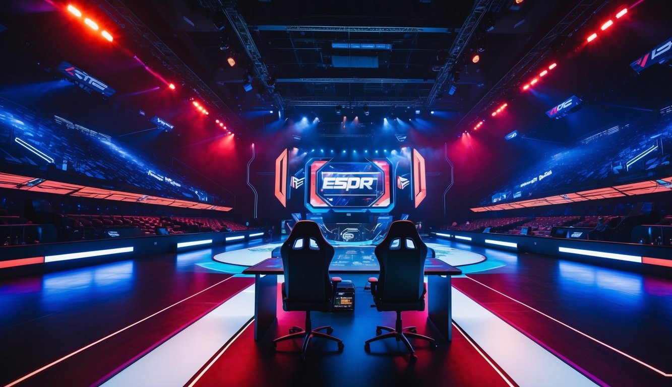 Arena esports yang dinamis dengan teknologi futuristik dan warna-warna cerah