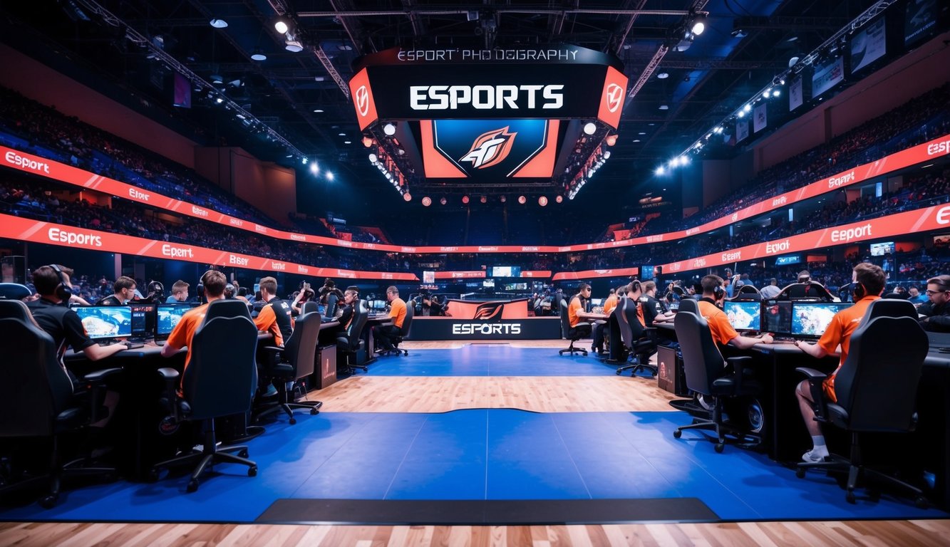 Sebuah arena esports yang ramai dengan pemain yang bersaing dalam pertandingan yang intens