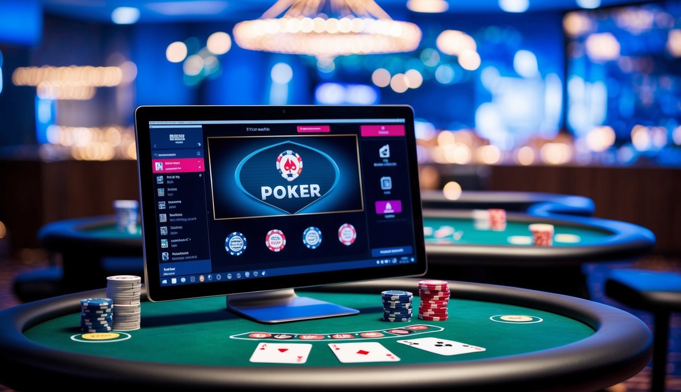 Sebuah meja poker digital dengan kartu, chip, dan perangkat komputer atau seluler dengan platform poker online yang ditampilkan di layar