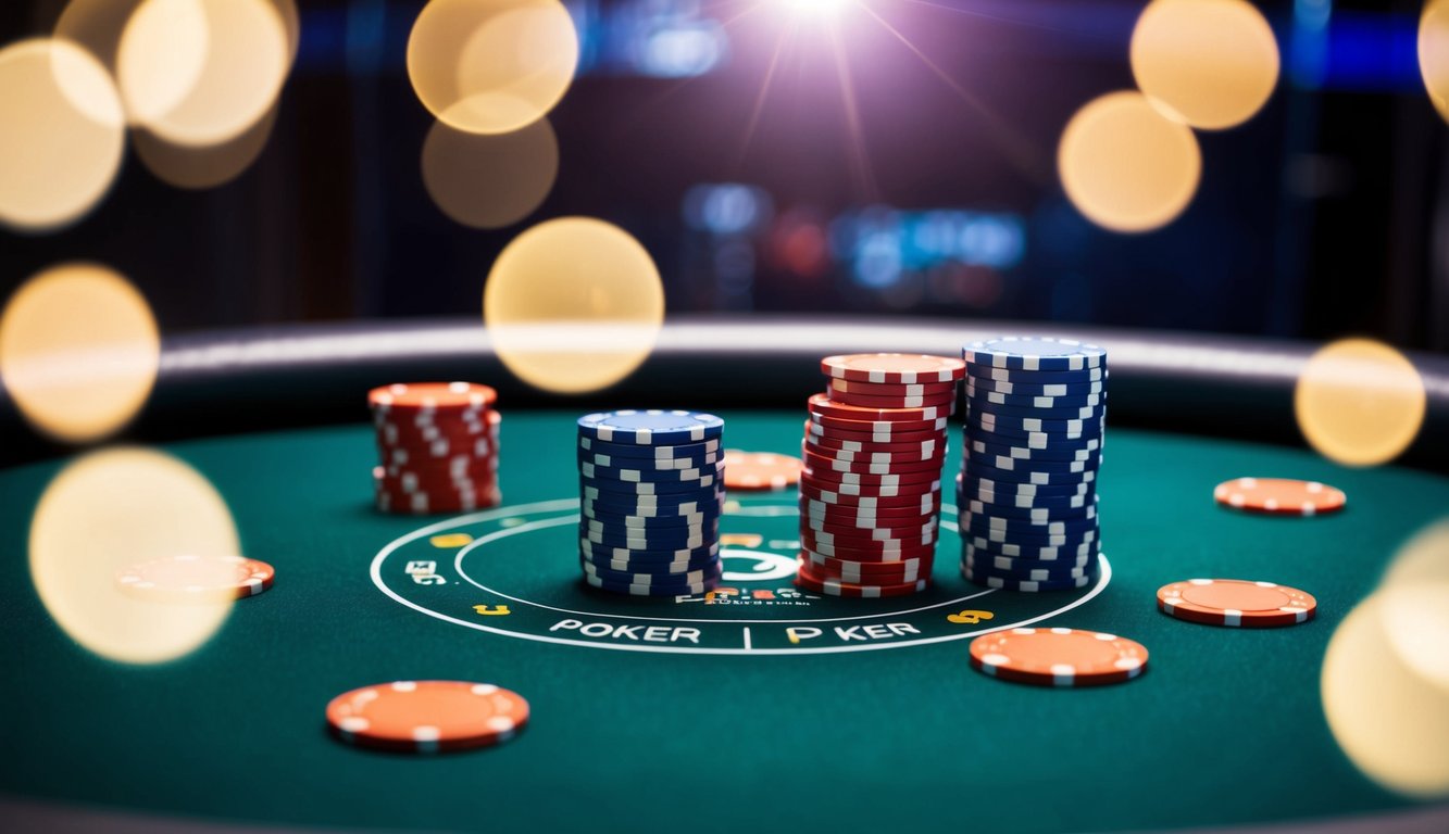 Meja poker online yang hidup dengan kartu dan chip, dikelilingi oleh antarmuka yang ramping dan modern