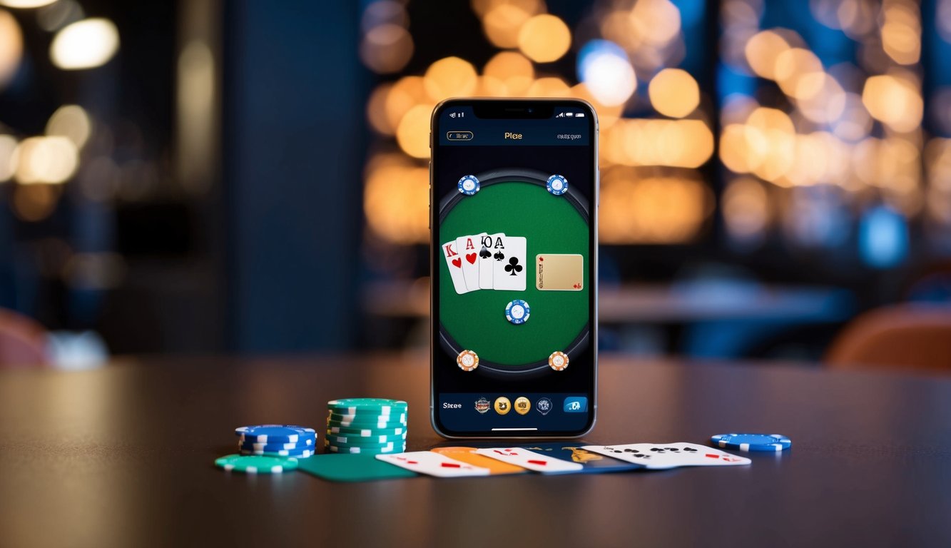 Sebuah smartphone yang menampilkan aplikasi permainan poker dengan chip dan kartu virtual di atas meja