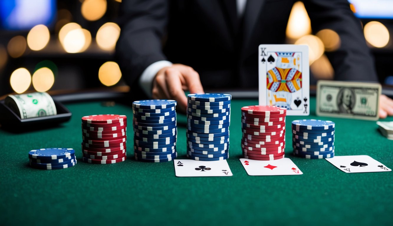 Sekelompok chip poker dan kartu remi yang disusun di atas meja felt hijau, dengan tombol dealer dan tumpukan uang tunai di latar belakang