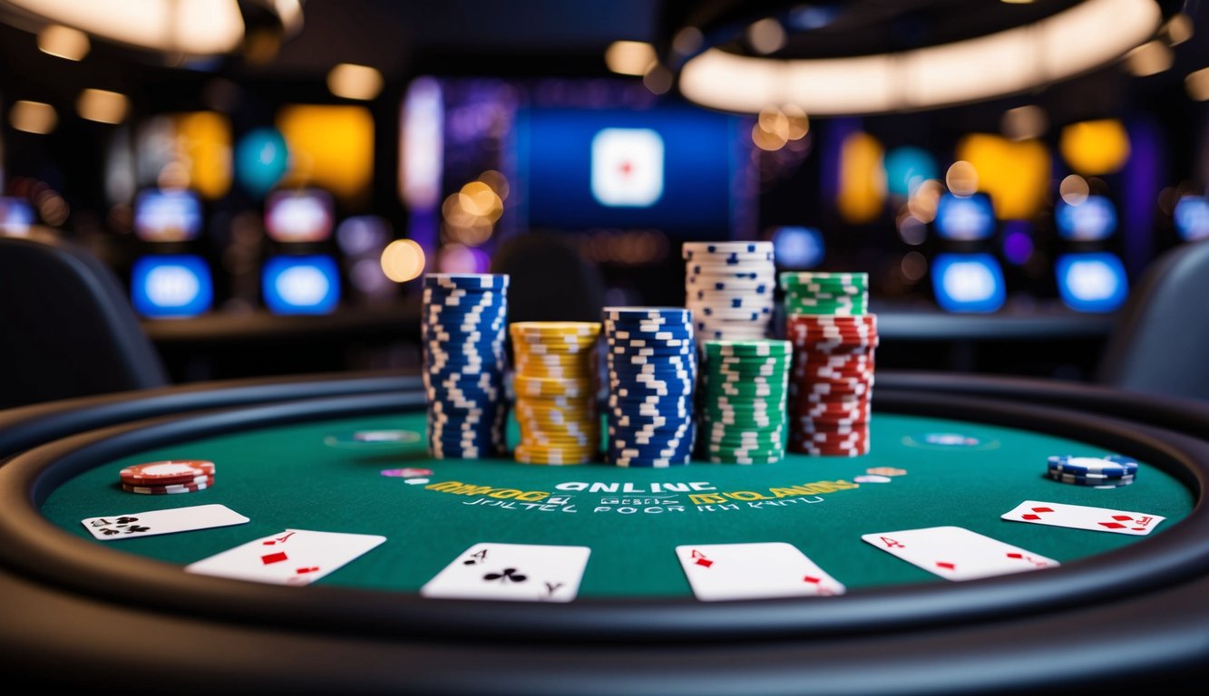 Sebuah meja poker online yang hidup dengan chip, kartu, dan antarmuka yang ramping, dikelilingi oleh lingkungan permainan yang modern dan bergaya