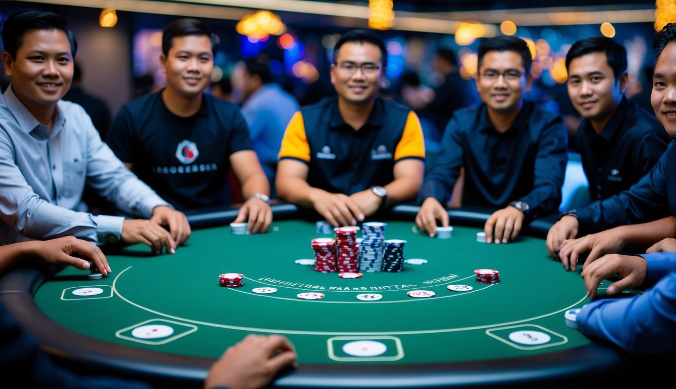 Sebuah meja poker digital dengan chip dan kartu virtual, dikelilingi oleh pemain dari berbagai daerah di Indonesia