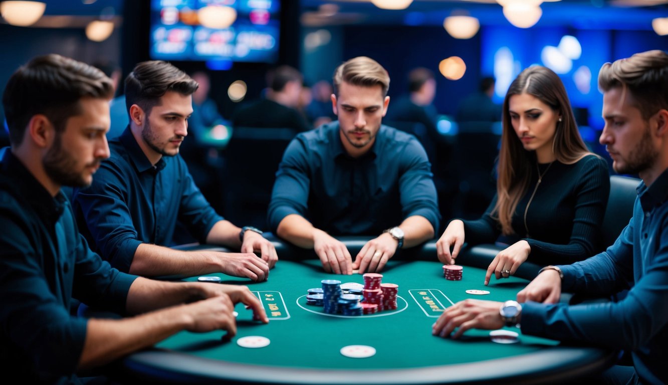 Sekelompok pemain duduk di sekitar meja poker virtual, mata mereka terfokus pada kartu dan chip digital mereka saat mereka memasang taruhan dalam permainan online yang intens.