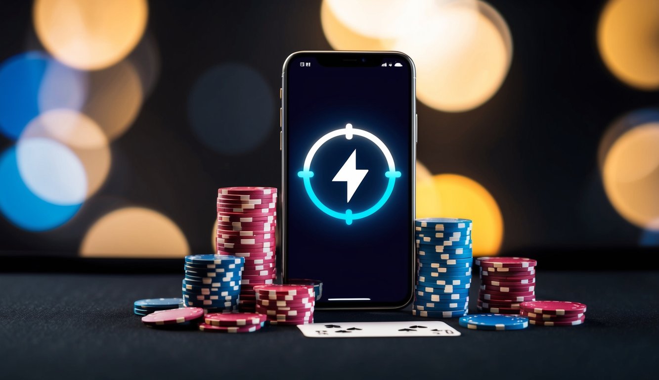 Sebuah smartphone menampilkan aplikasi poker dengan ikon sinyal yang berdenyut, dikelilingi oleh tumpukan chip poker dan setumpuk kartu