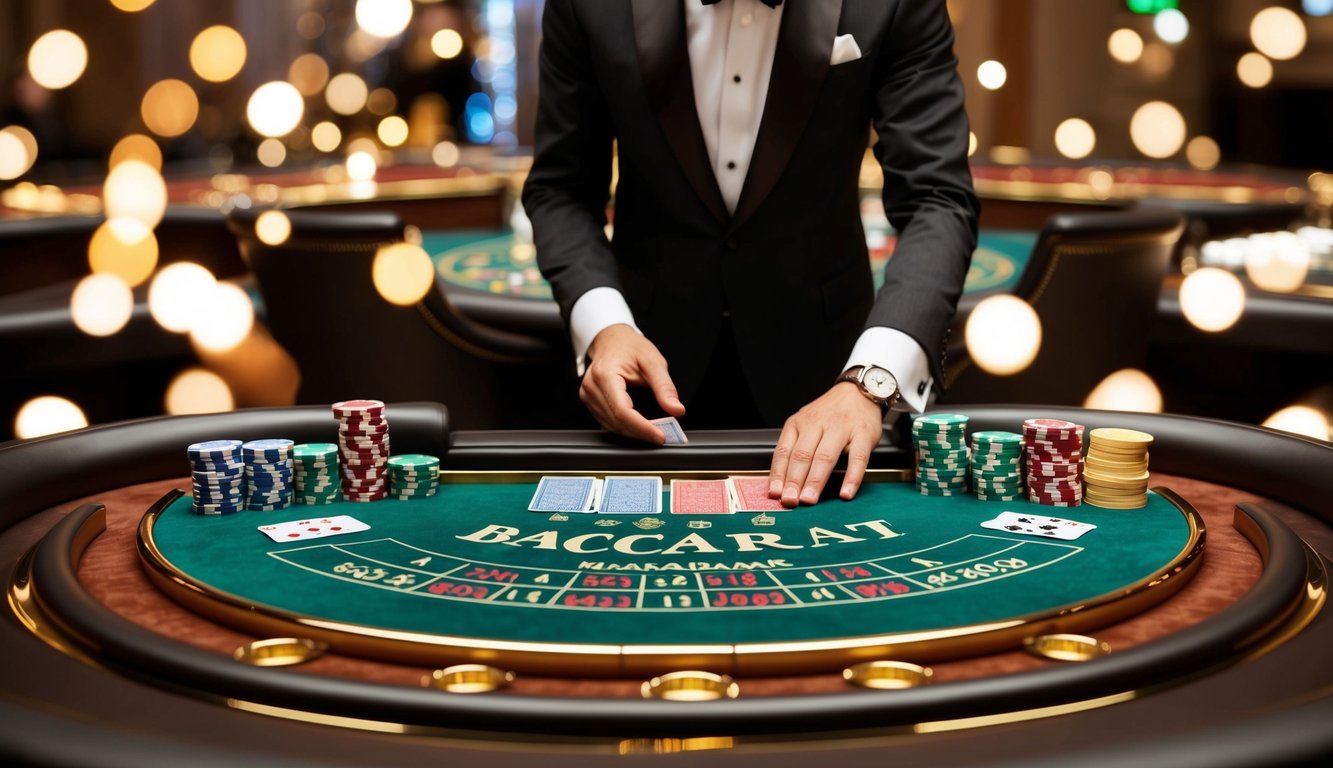 Sebuah meja baccarat mewah dengan chip, kartu, dan seorang dealer