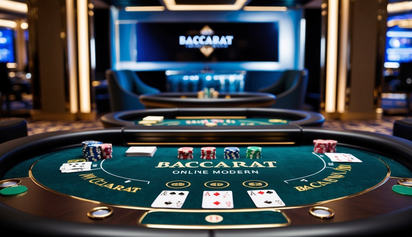 Sebuah meja baccarat online yang ramping dan modern dengan kartu dan chip virtual, diatur di latar belakang yang canggih dari lingkungan kasino mewah.