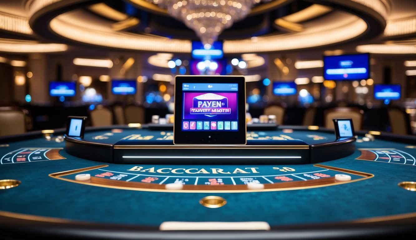 Sebuah meja baccarat yang ramping dan modern dengan layar digital dan siaran video langsung, dikelilingi oleh dekorasi kasino yang elegan dan pencahayaan ambient