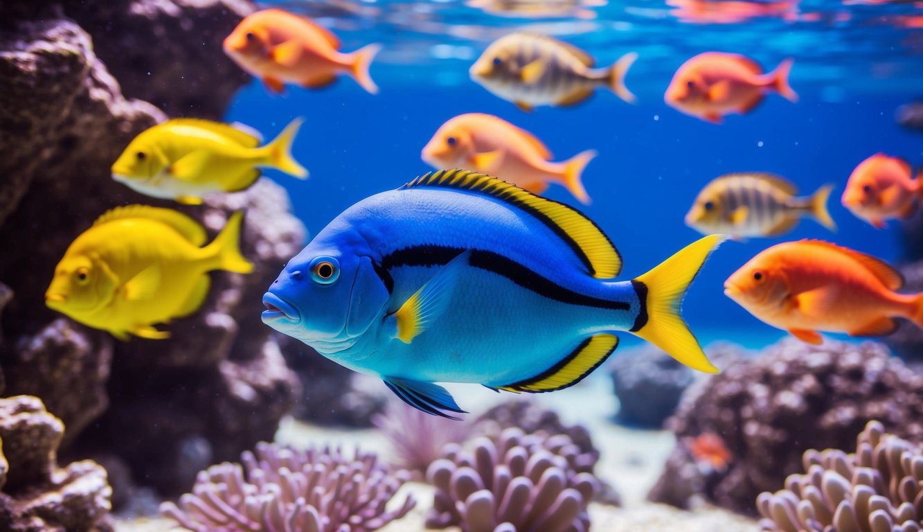 Sebuah dunia bawah laut yang berwarna-warni dengan ikan-ikan cerah yang berenang dengan cara yang dinamis dan hidup