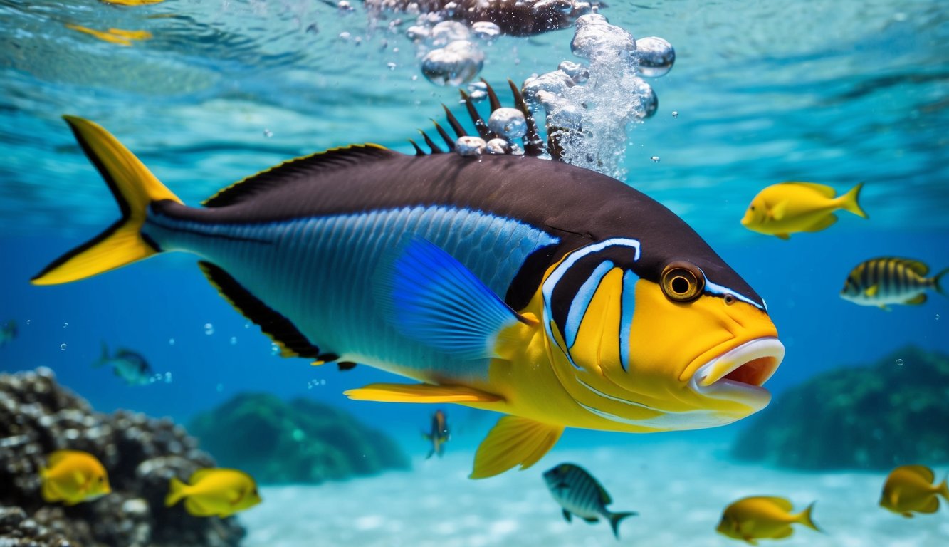 Sebuah pemandangan bawah laut yang berwarna-warni dengan ikan besar melompat keluar dari air, dikelilingi oleh ikan-ikan kecil dan gelembung