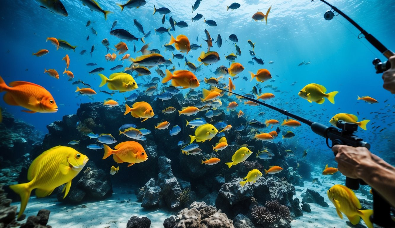 Dunia bawah laut yang kacau dipenuhi dengan ikan-ikan berwarna-warni dan eksotis yang bergerak cepat saat mereka menjadi sasaran dan ditembak oleh pemain dalam permainan memancing.