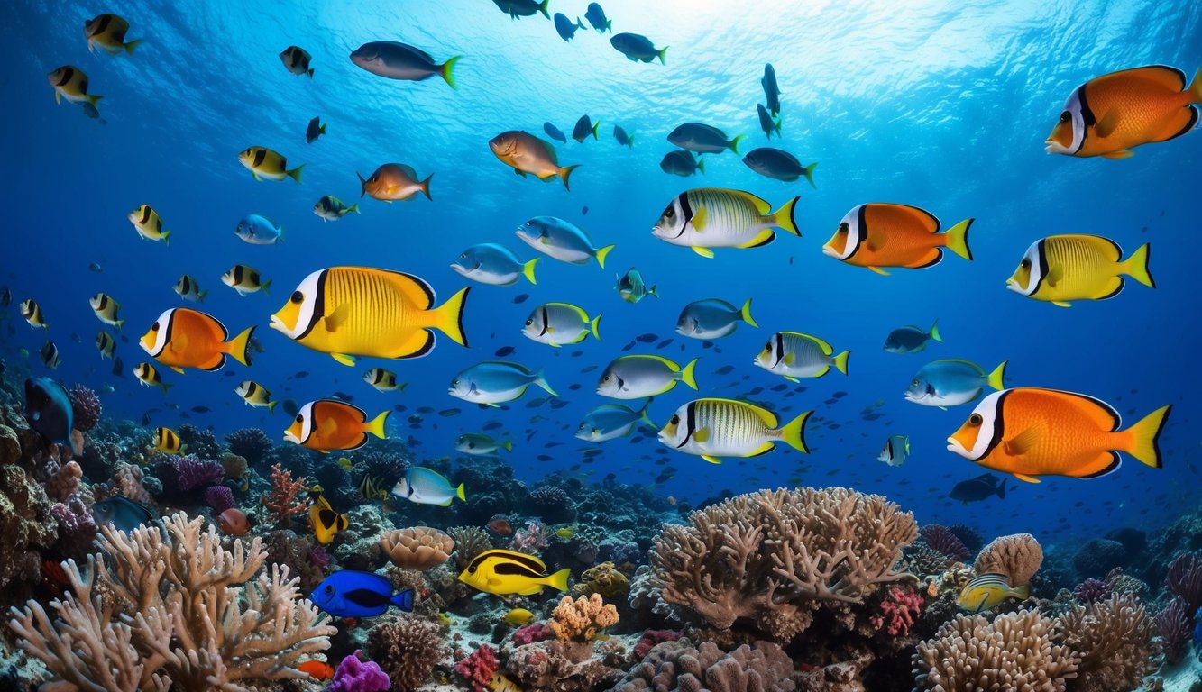 Sebuah dunia bawah laut yang ramai dengan ikan-ikan berwarna-warni dan makhluk laut yang berenang di sekitar terumbu karang yang berwarna-warni