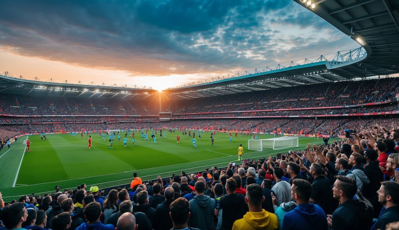 Sebuah stadion sepak bola yang penuh sesak dengan penggemar yang bersorak dan pemain di lapangan