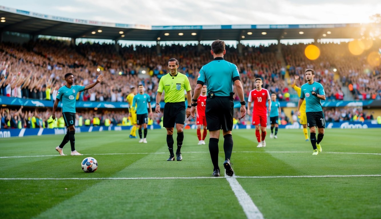 Sebuah lapangan sepak bola dengan pemain dan wasit, dikelilingi oleh penggemar yang bersorak di tribun