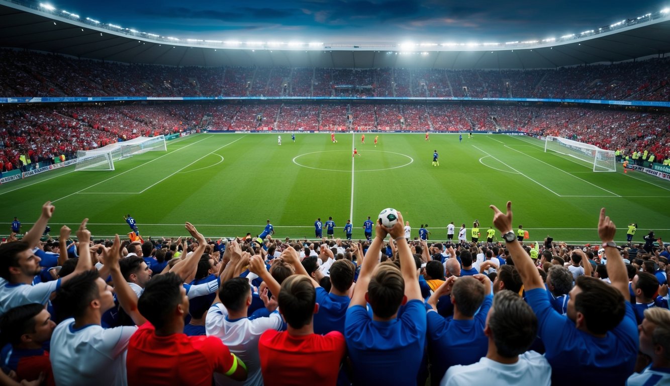 Sebuah stadion sepak bola yang ramai dengan penggemar yang bersorak dan pemain di lapangan