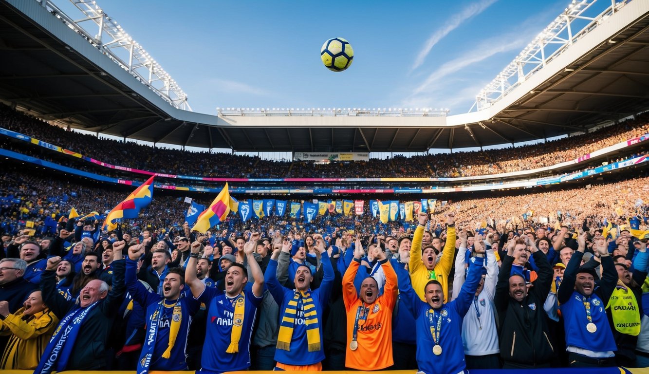 Sebuah stadion yang ramai dengan penggemar yang bersorak, spanduk tim yang berwarna-warni, dan bola sepak yang terbang di udara