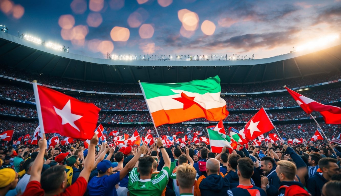 Sebuah stadion sepak bola yang ramai dengan penggemar yang bersorak dan melambaikan bendera