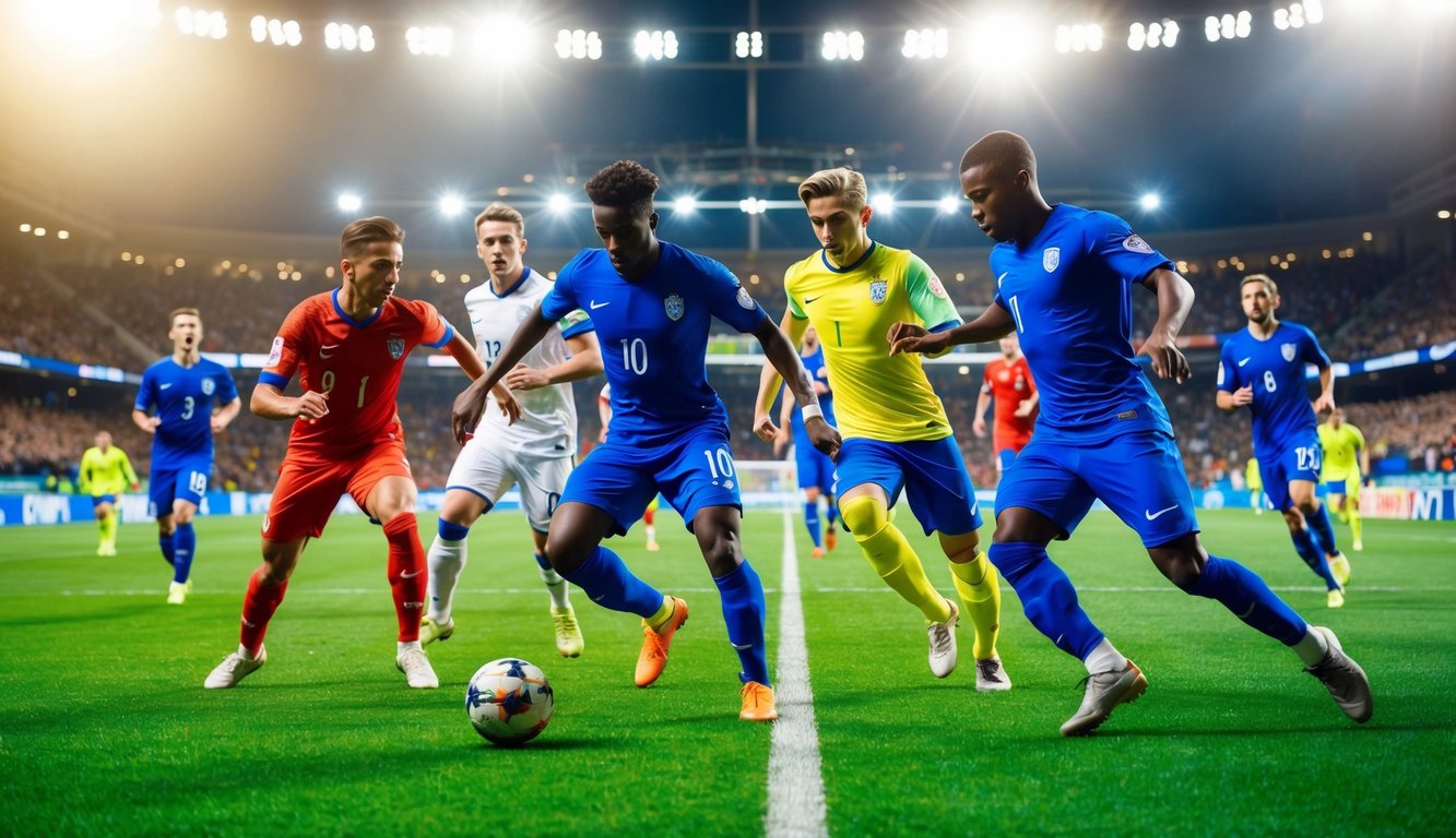 Sekelompok pemain sepak bola yang berkompetisi di lapangan yang cerah, dikelilingi oleh penggemar yang bersorak dan diterangi oleh lampu stadion yang terang.