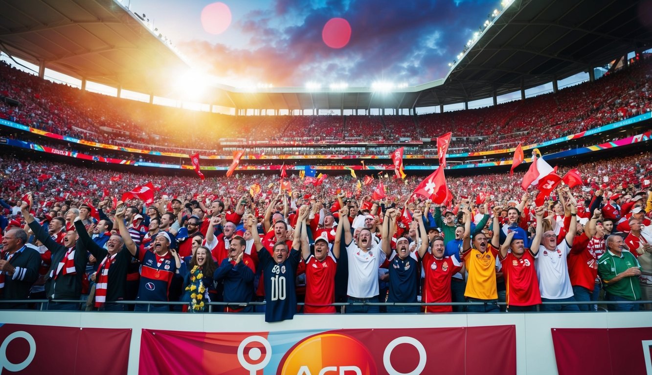 Sebuah stadion yang ramai dipenuhi dengan penggemar yang bersorak dan spanduk berwarna-warni