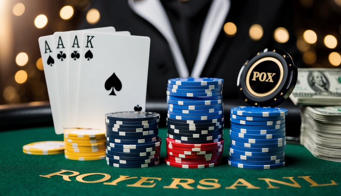 Sekelompok chip poker dan kartu bermain yang disusun di atas meja felt hijau, dengan tombol dealer dan tumpukan uang tunai di latar belakang