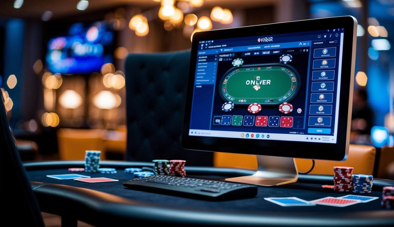 Meja poker dengan kartu, chip, dan layar komputer yang menampilkan permainan poker online