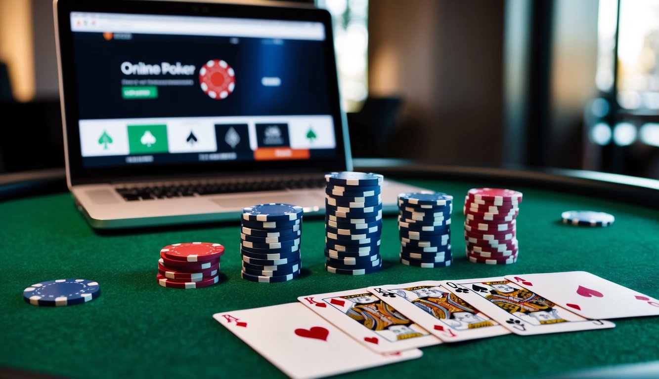 Sekelompok chip poker dan kartu bermain tersebar di atas meja felt hijau, dengan laptop ramping yang menampilkan situs web poker online di latar belakang