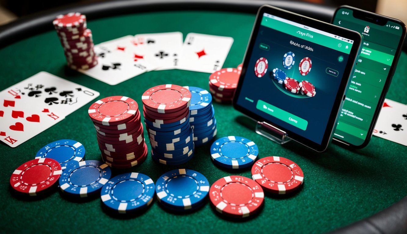 Sekelompok chip poker dan kartu yang disusun di atas meja felt hijau dengan perangkat digital yang menampilkan antarmuka permainan poker online