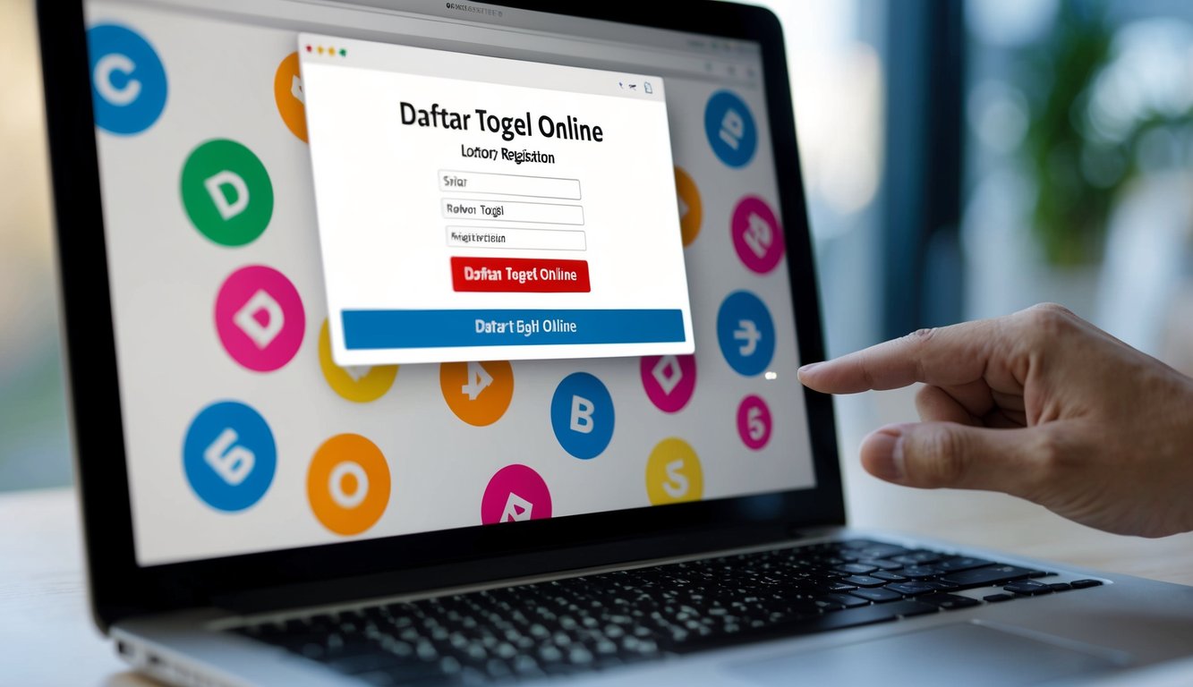 Sebuah layar komputer menampilkan situs web untuk pendaftaran lotere online, dengan kursor mouse mengklik tombol "Daftar Togel Online"