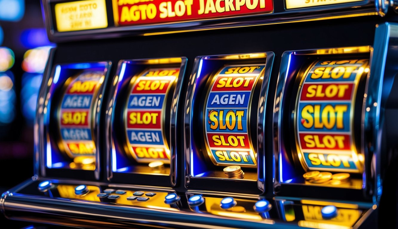 Mesin slot kasino yang terang benderang dengan lampu berkedip dan gulungan berputar, menampilkan kata-kata "Agen toto slot jackpot" dengan koin yang mengalir turun