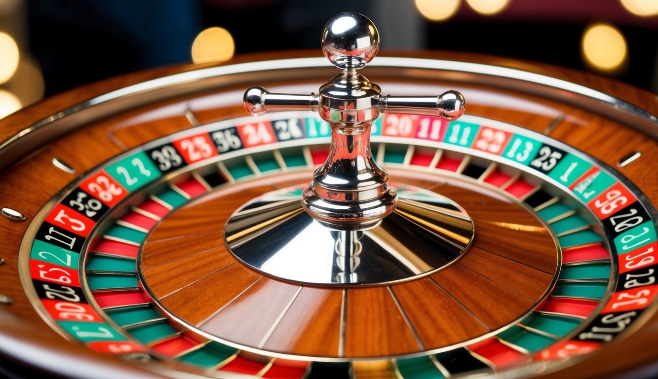 Roda roulette yang berputar dengan slot bernomor berwarna-warni dan bola perak kecil yang melompat-lompat