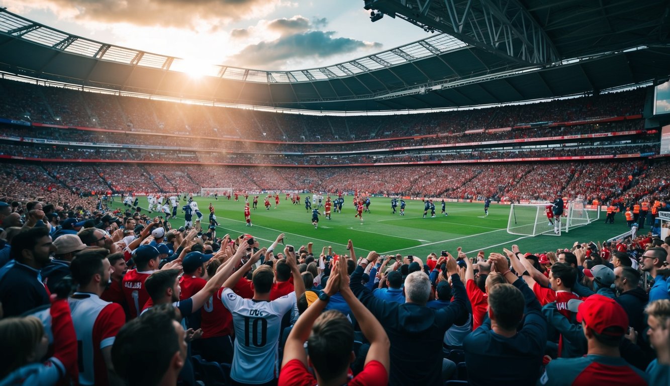 Sebuah stadion olahraga yang ramai dengan penggemar yang bersorak dan pemain yang sedang beraksi