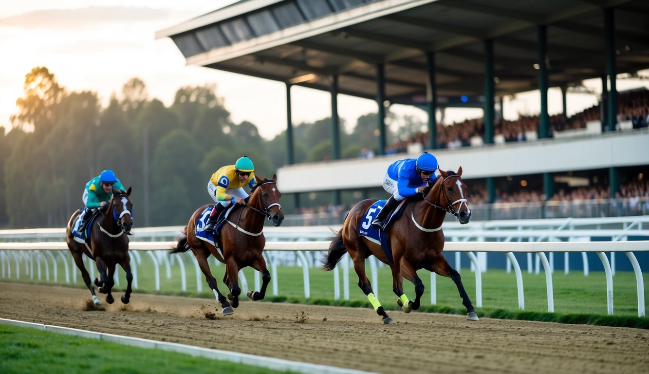 Situs taruhan balap kuda dengan tribun, lintasan, dan joki berwarna-warni menunggang kuda thoroughbred yang ramping dan berotot