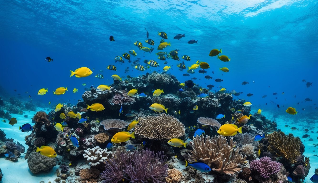 Sebuah dunia bawah laut yang ramai dengan ikan berwarna-warni dan terumbu karang, di latar belakang dasar laut yang tenang