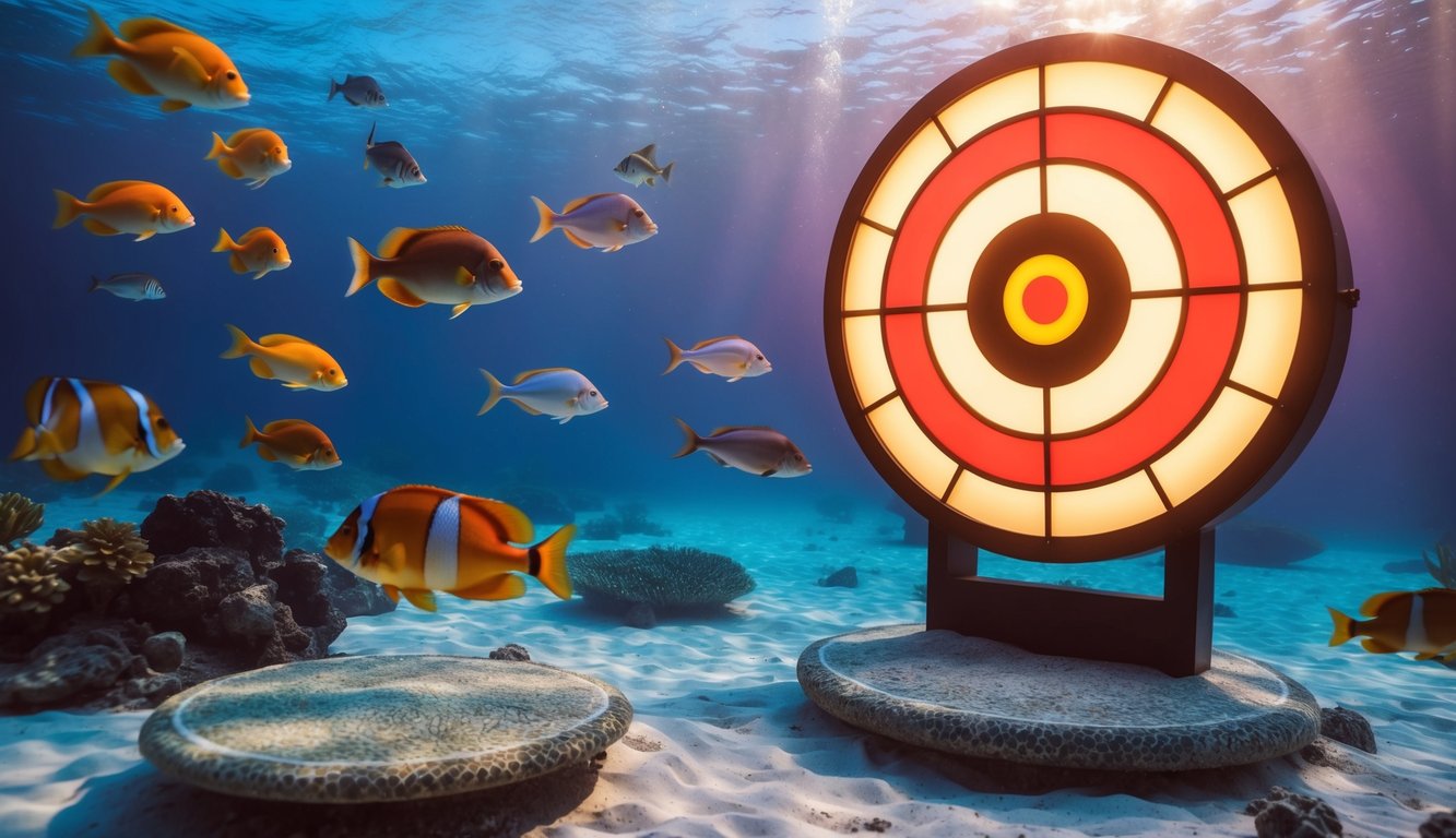 Sebuah pemandangan bawah air yang berwarna-warni dengan berbagai jenis ikan yang berenang di sekitar target jackpot besar yang bersinar