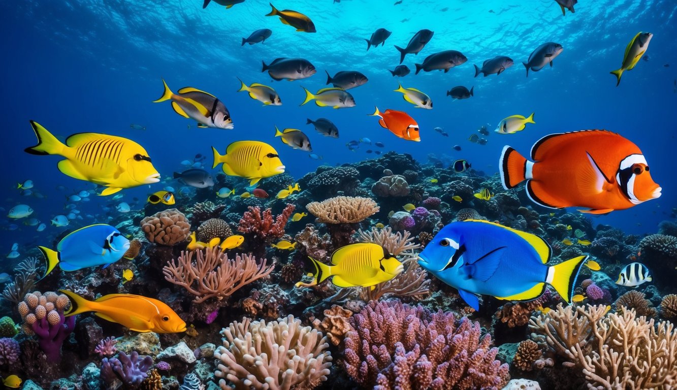 Sebuah dunia bawah laut yang berwarna-warni dengan berbagai makhluk laut yang berenang di sekitar terumbu karang yang cerah