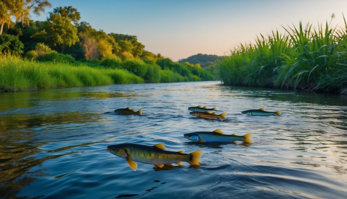 Sebuah sungai yang tenang dengan ikan-ikan berwarna-warni yang berenang dengan anggun, dikelilingi oleh vegetasi hijau subur dan langit biru yang jernih di atas