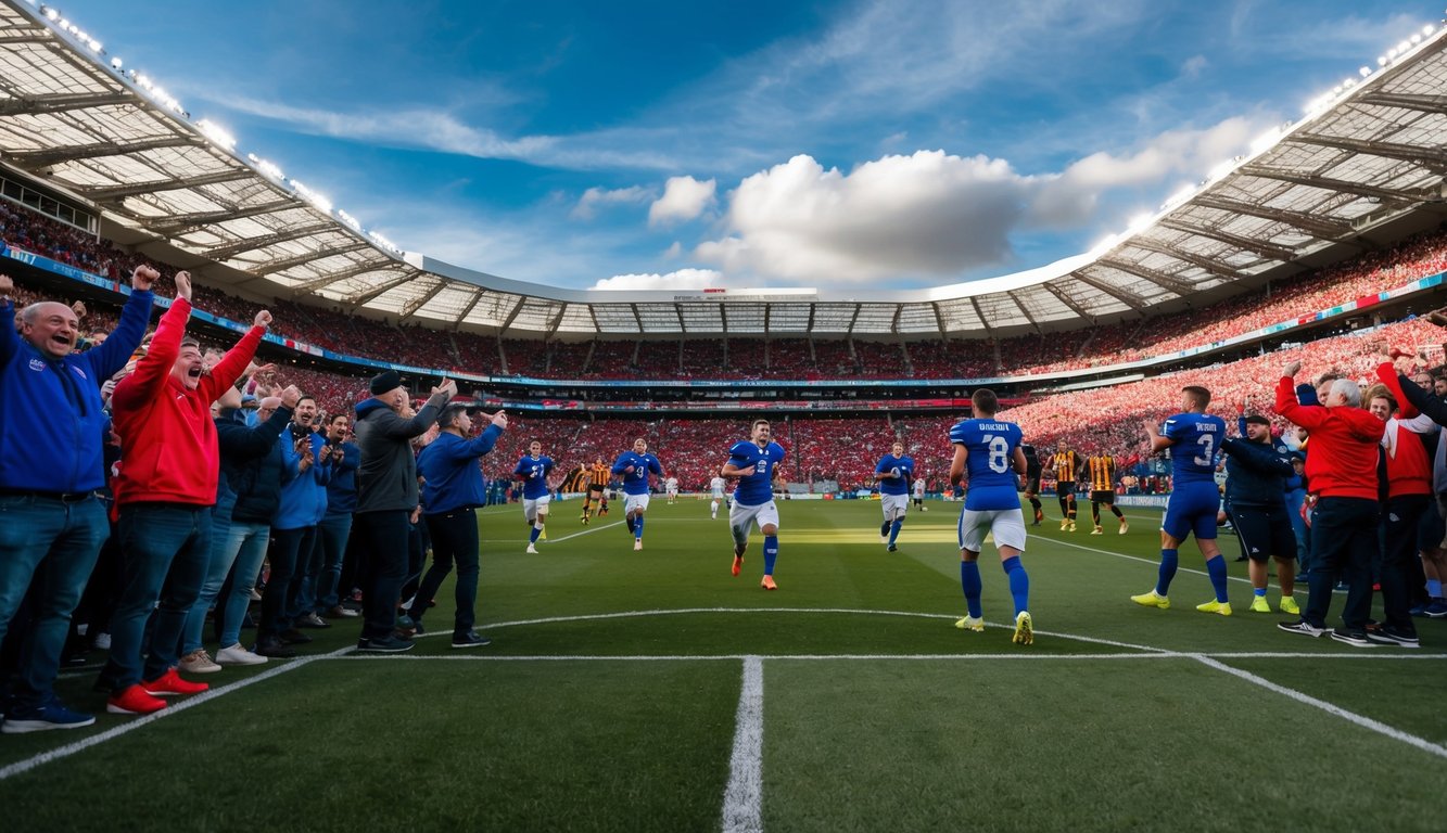 Sebuah stadion olahraga yang ramai dengan penggemar yang bersorak dan pemain yang beraksi di lapangan