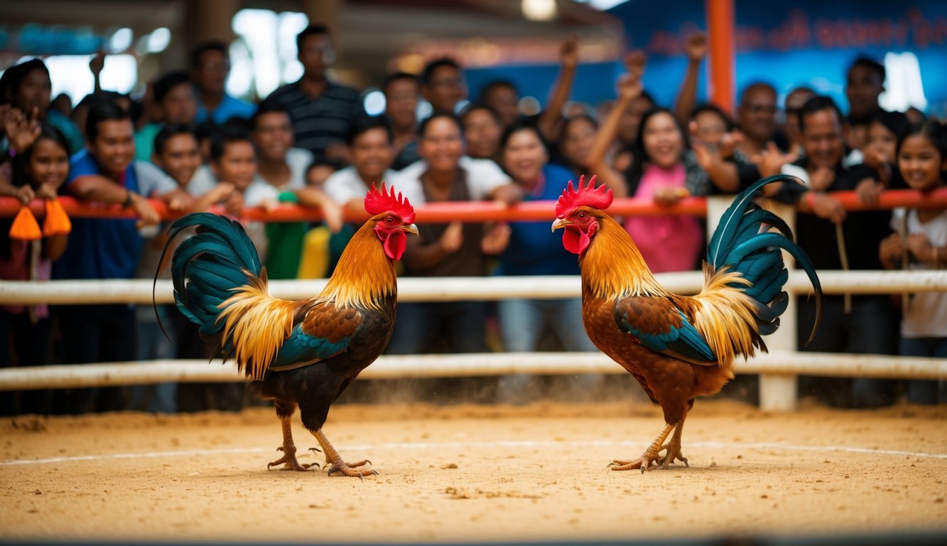 Dua ayam jantan berhadapan di arena sabung ayam tradisional Indonesia, dikelilingi oleh kerumunan penonton yang antusias