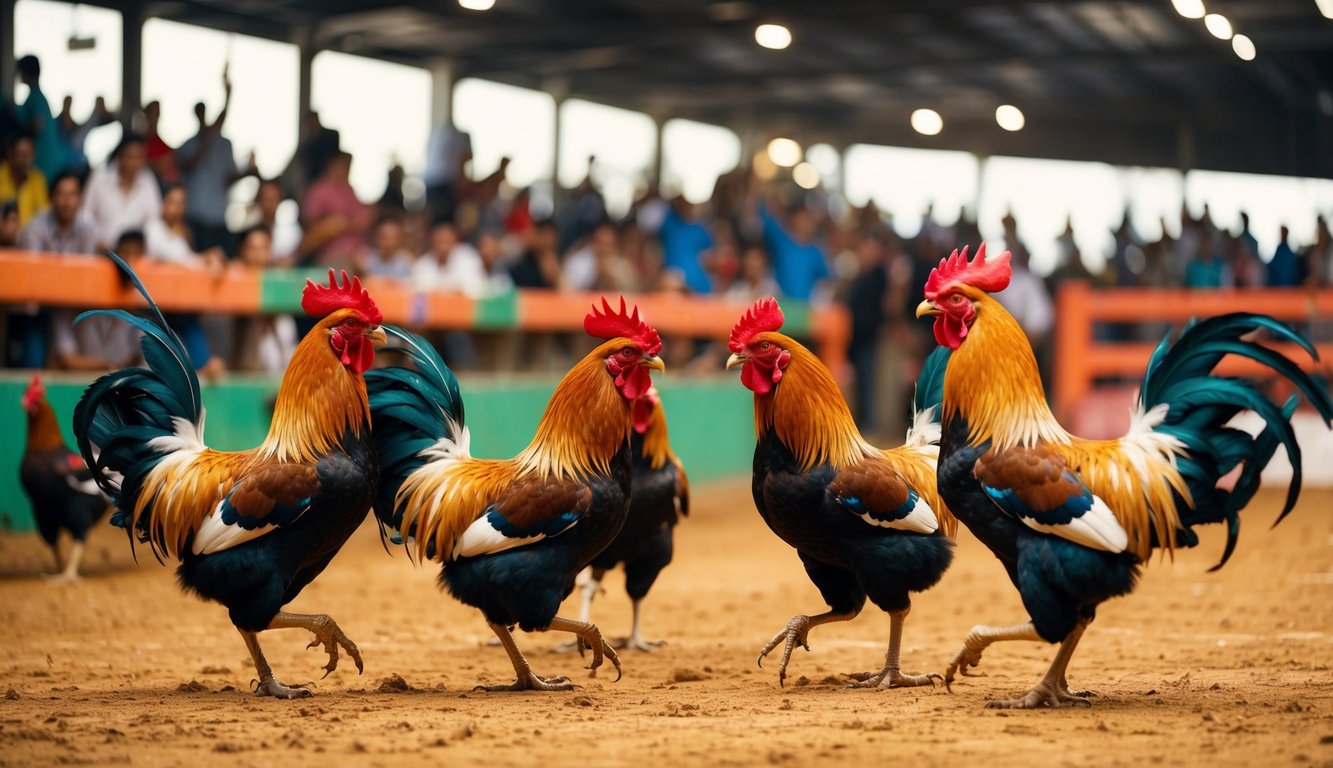 Sebuah arena sabung ayam yang ramai dan penuh semangat, dengan penonton yang bersorak dan ayam jantan berwarna-warni terlibat dalam pertarungan sengit