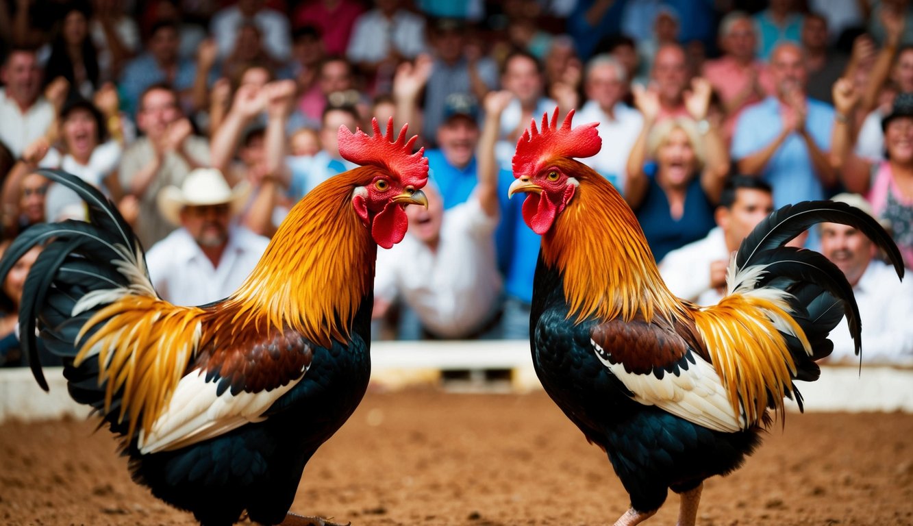 Dua ayam jantan berhadapan di arena yang ramai, dikelilingi oleh penonton antusias yang bersorak untuk pertarungan ayam langsung yang intens