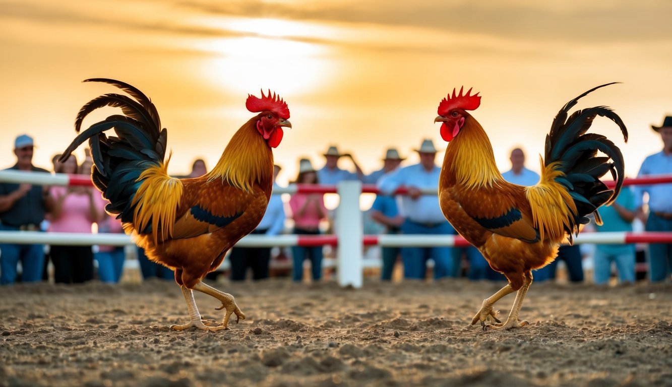 Dua ayam jantan berhadapan di sebuah arena, dikelilingi oleh penonton yang bersorak. Matahari terbenam di latar belakang, memberikan cahaya hangat di atas pemandangan.