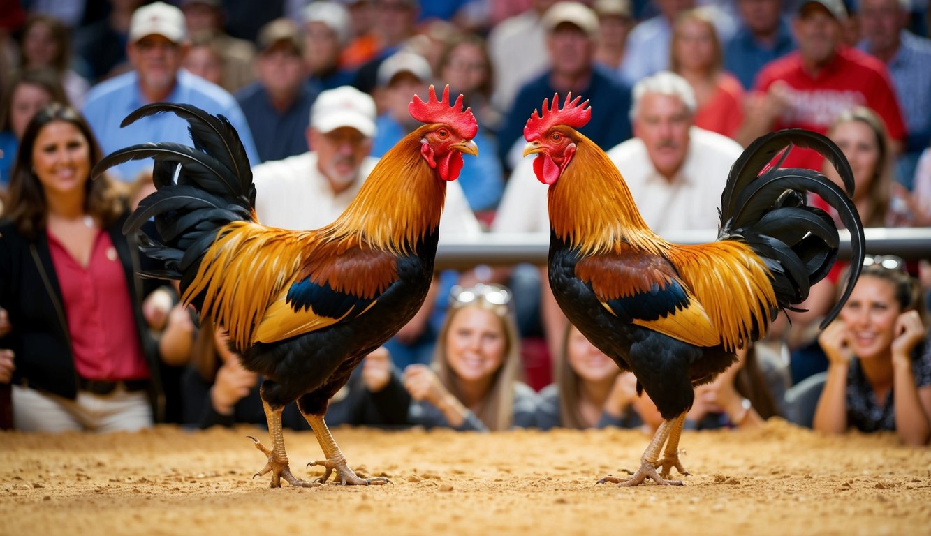 Dua ayam jantan saling berhadapan di arena yang ramai, dikelilingi oleh penonton yang antusias